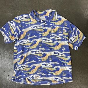 Columbia Shirt Mens XL Blue Rayon Fish Print Hawaiian Button Up Casual Outdoor